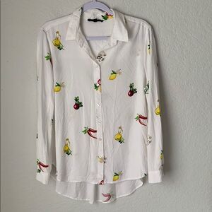 Jane  Delancey White Rayon Button-Up Shirt with Fruit/Vegetable Print Size XL